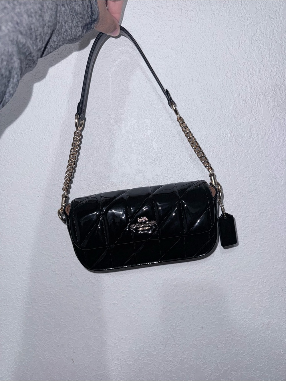 Coach Black Quilted Patent Leather Shoulder Bag with Chain Strap